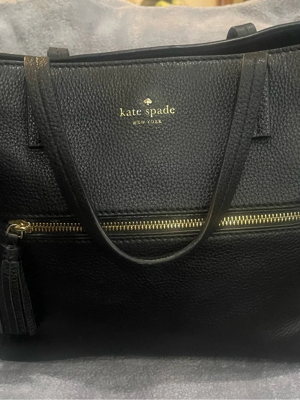 kate spade Black Pebbled Leather Shoulder Tote with Front Zip Tassel